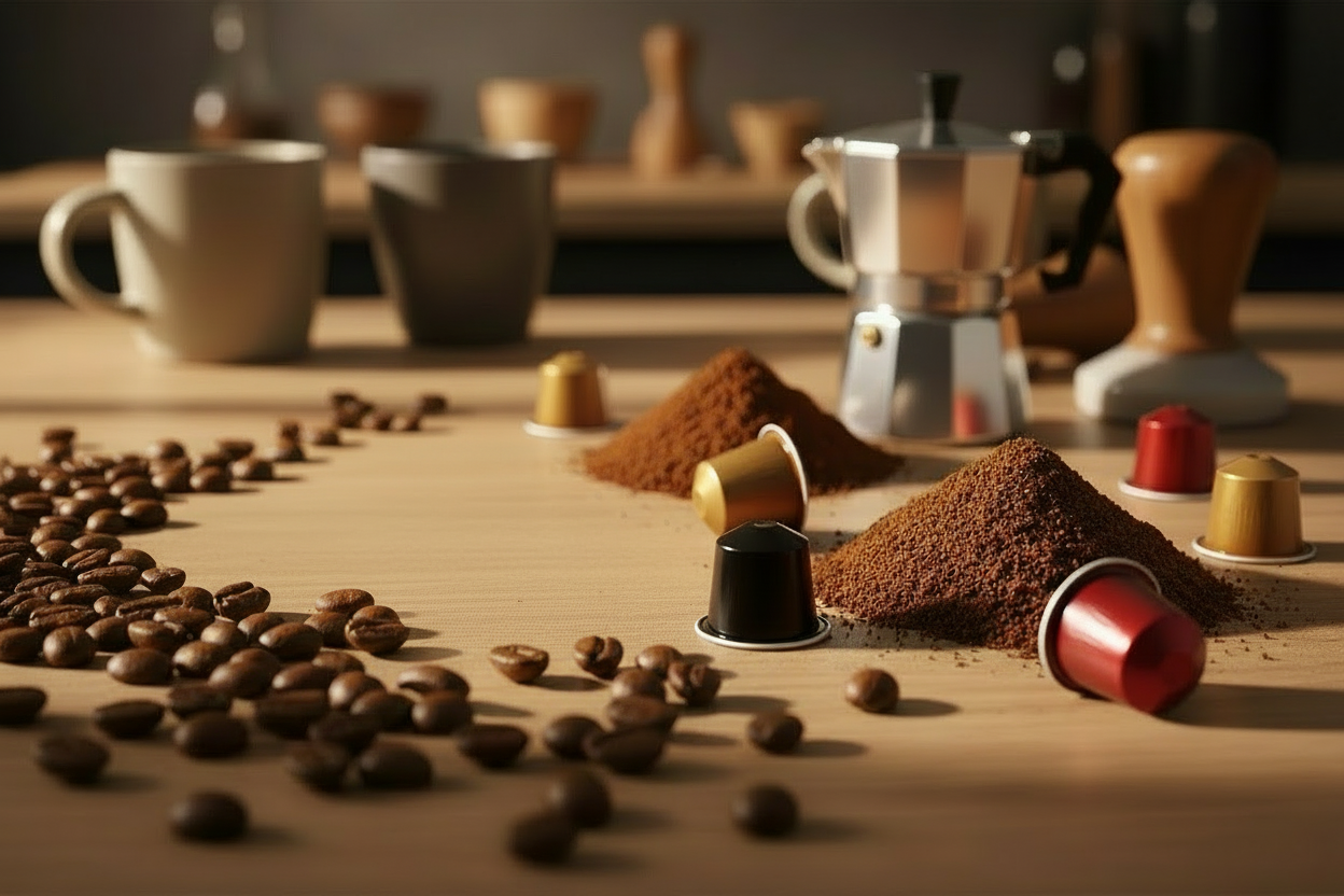 fammi un immagine hero aesthetic che rappresenti qualche cicco di caffè sparso e un po di caffè macinato